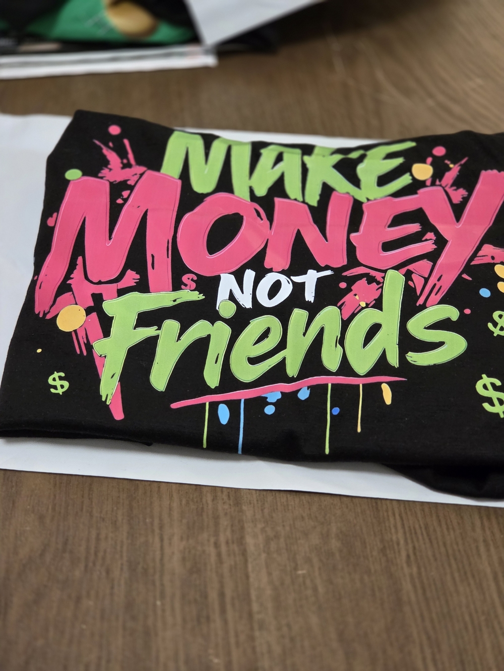 Make Money Not Friends Graphic Tee - Black with Neon Pink & Green